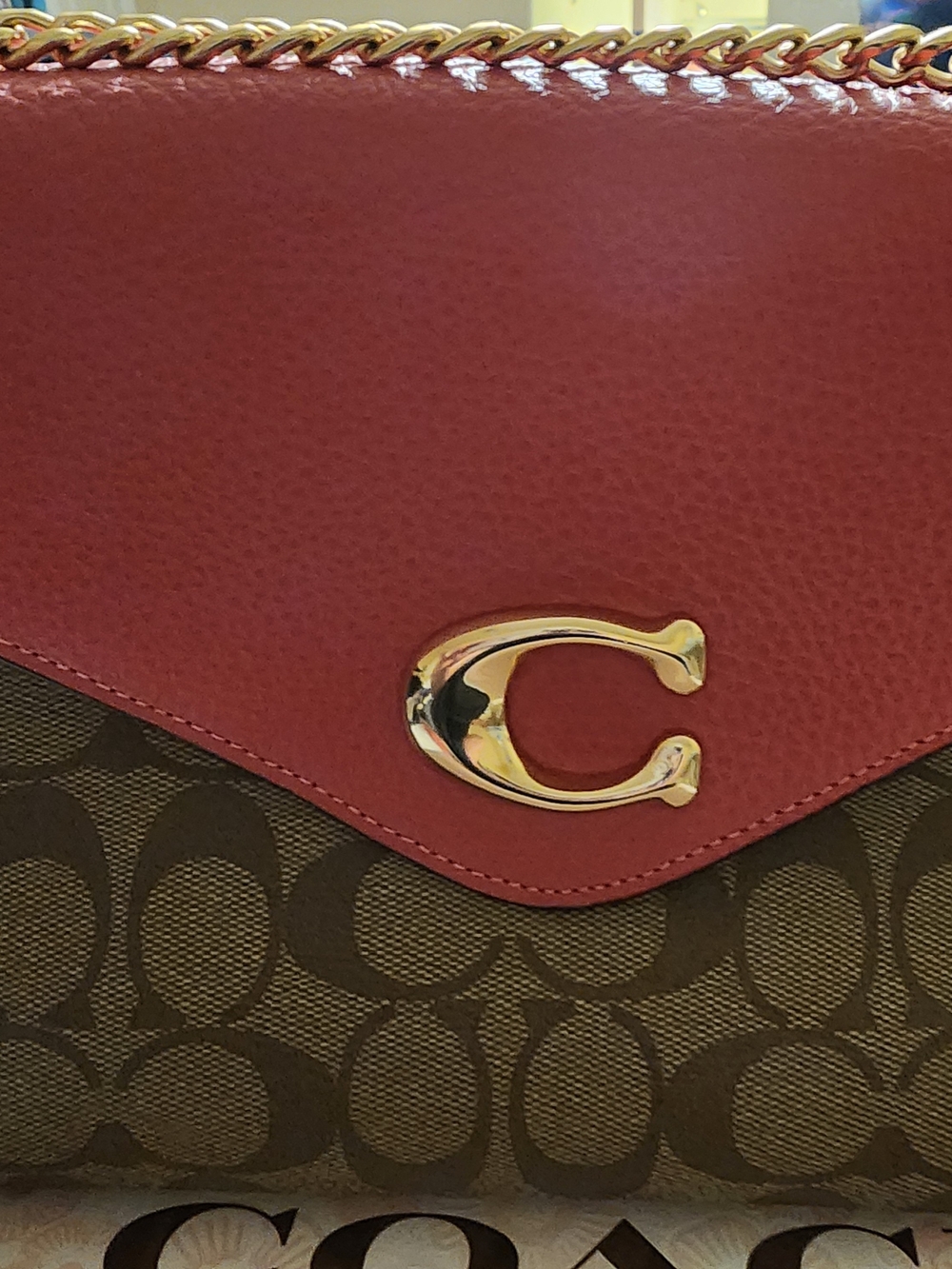 Coach Brown Signature Canvas with Red Leather Flap and Gold Hardware